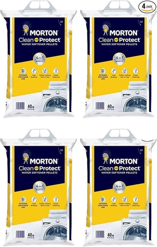 Morton Softener Salt 4-pack front view showing four 40 lb bags for softer water