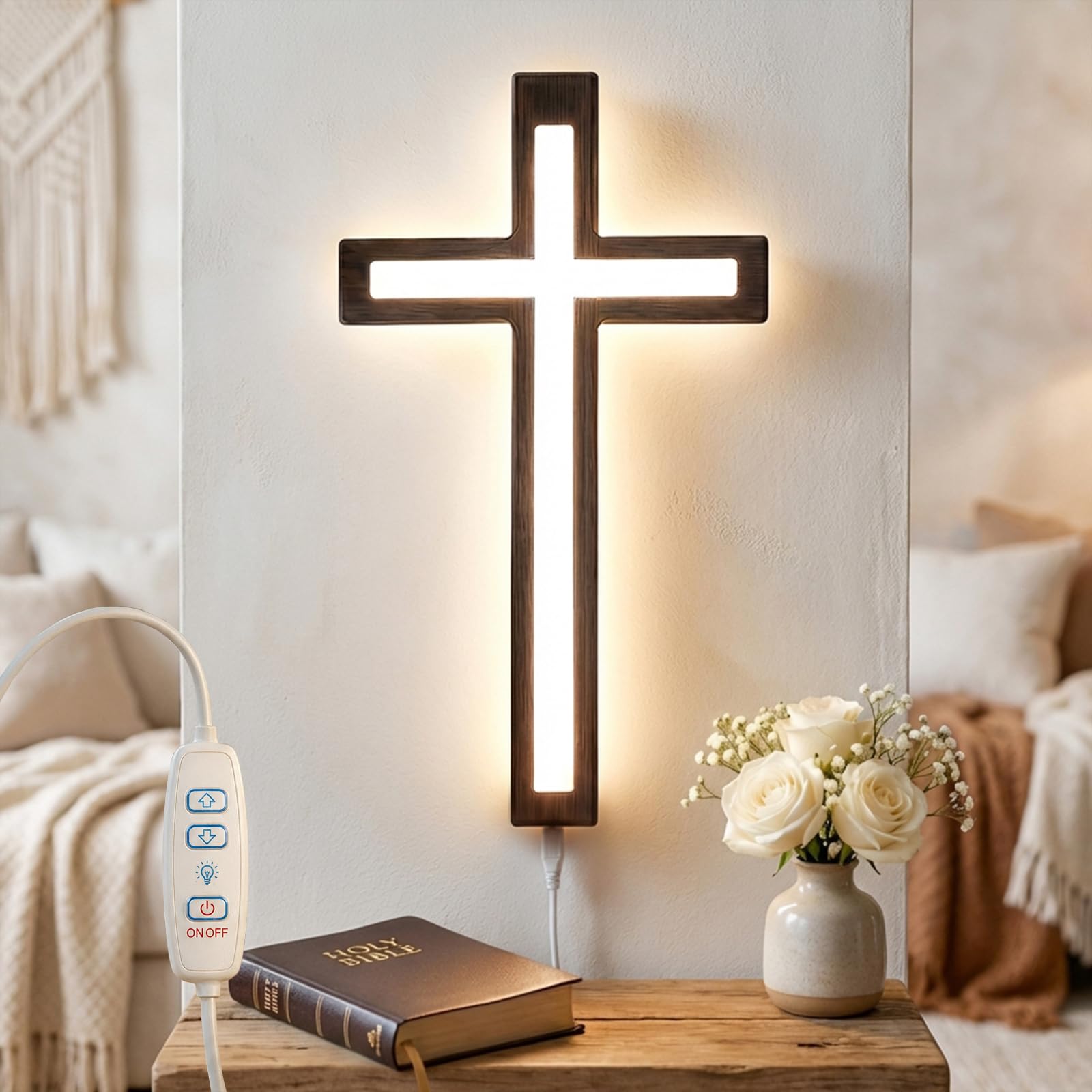 MoSavris crucifix wall cross with LED light, front view for serene illumination.