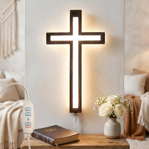 MoSavris crucifix wall cross with LED light, front view for serene illumination.