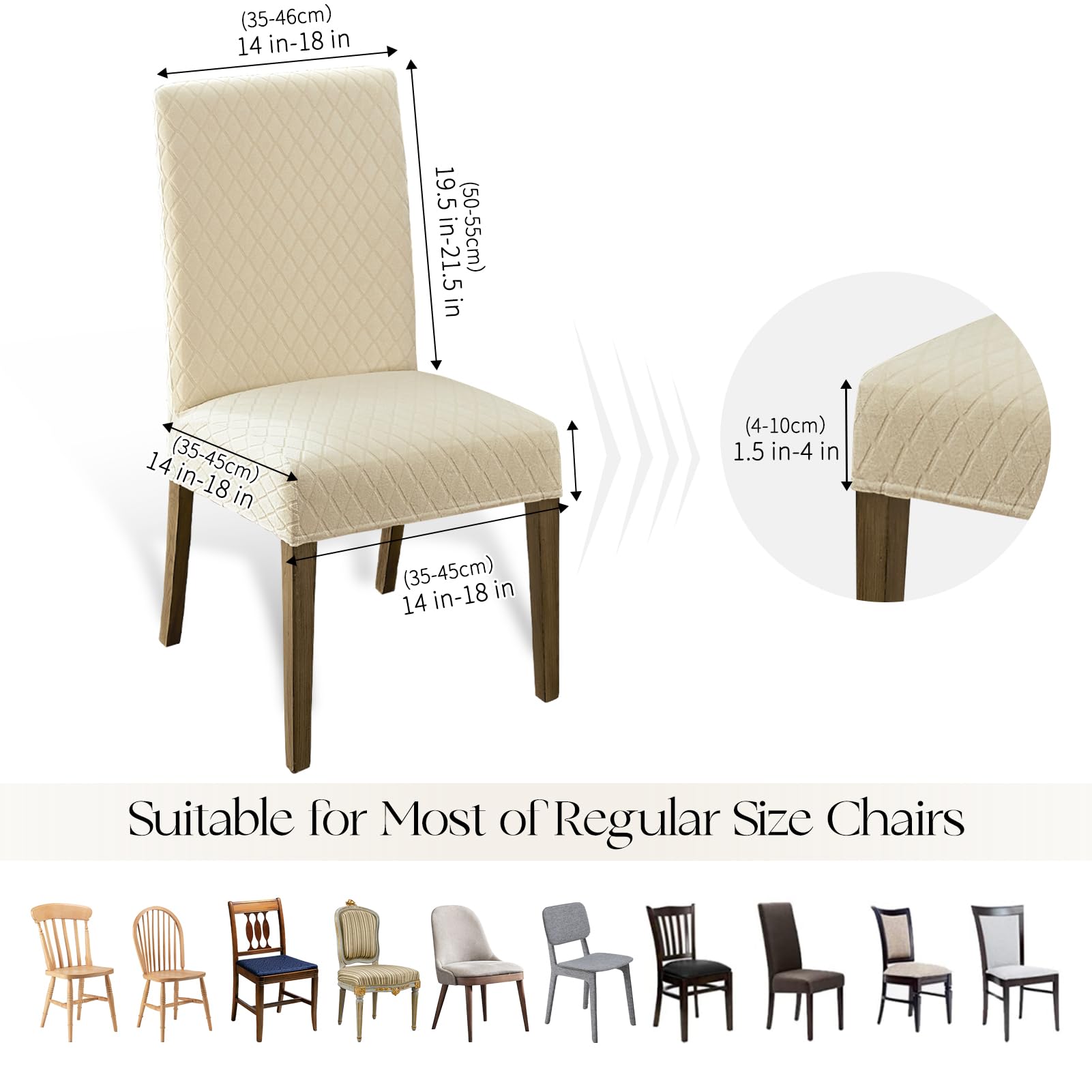 Size-inclusive beige cover fits chairs with back heights 19.5–21.5 inches.