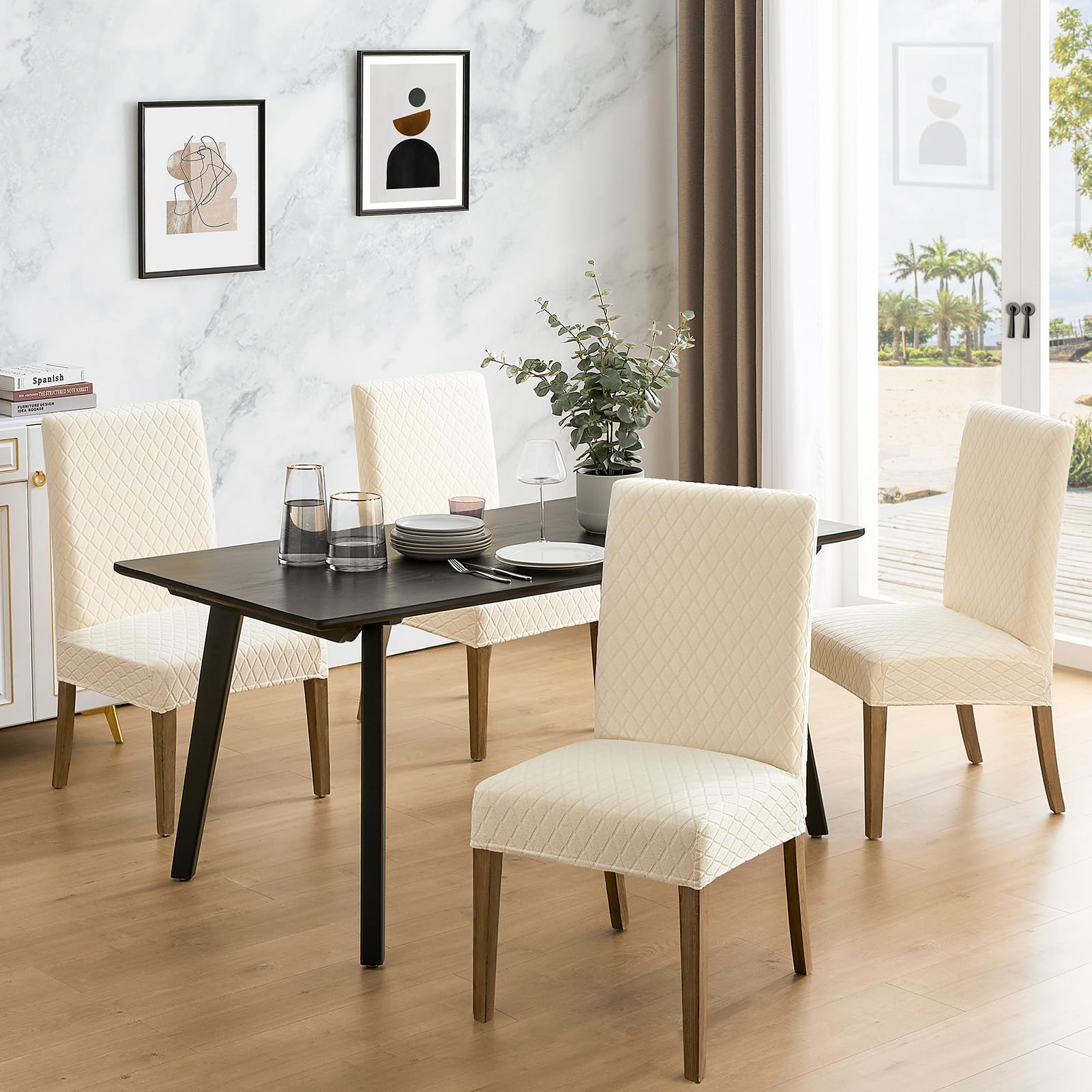 Stretch beige MOSAYT chair cover back-view demonstrates flexible fit for common Parsons chairs.