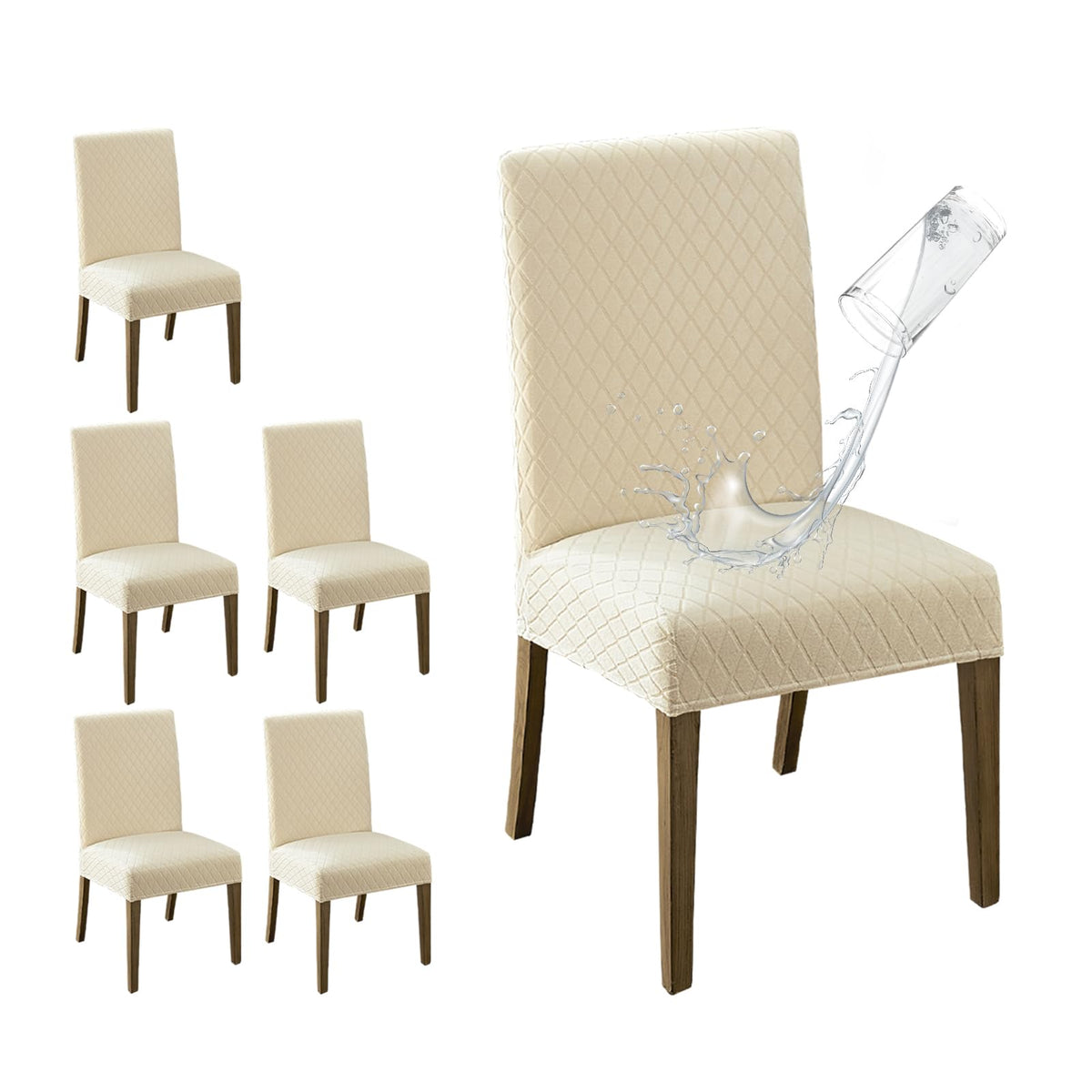 MOSAYT waterproof chair cover in beige with jacquard texture protects dining chairs.