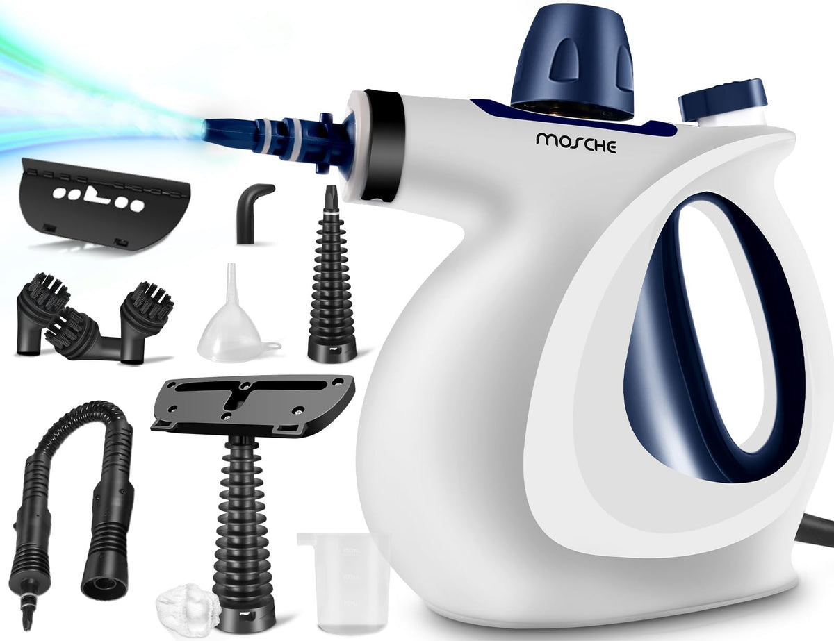 MOSCHE handheld steam cleaner front view showing chemical-free cleaning versatility.