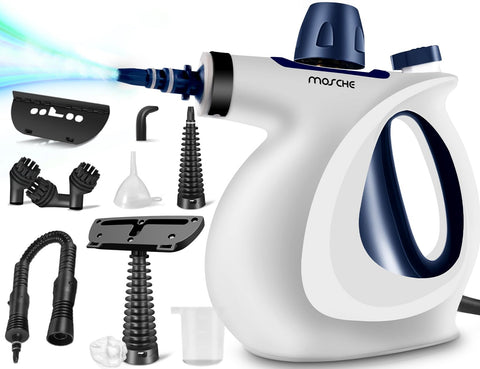 MOSCHE handheld steam cleaner front view showing chemical-free cleaning versatility.