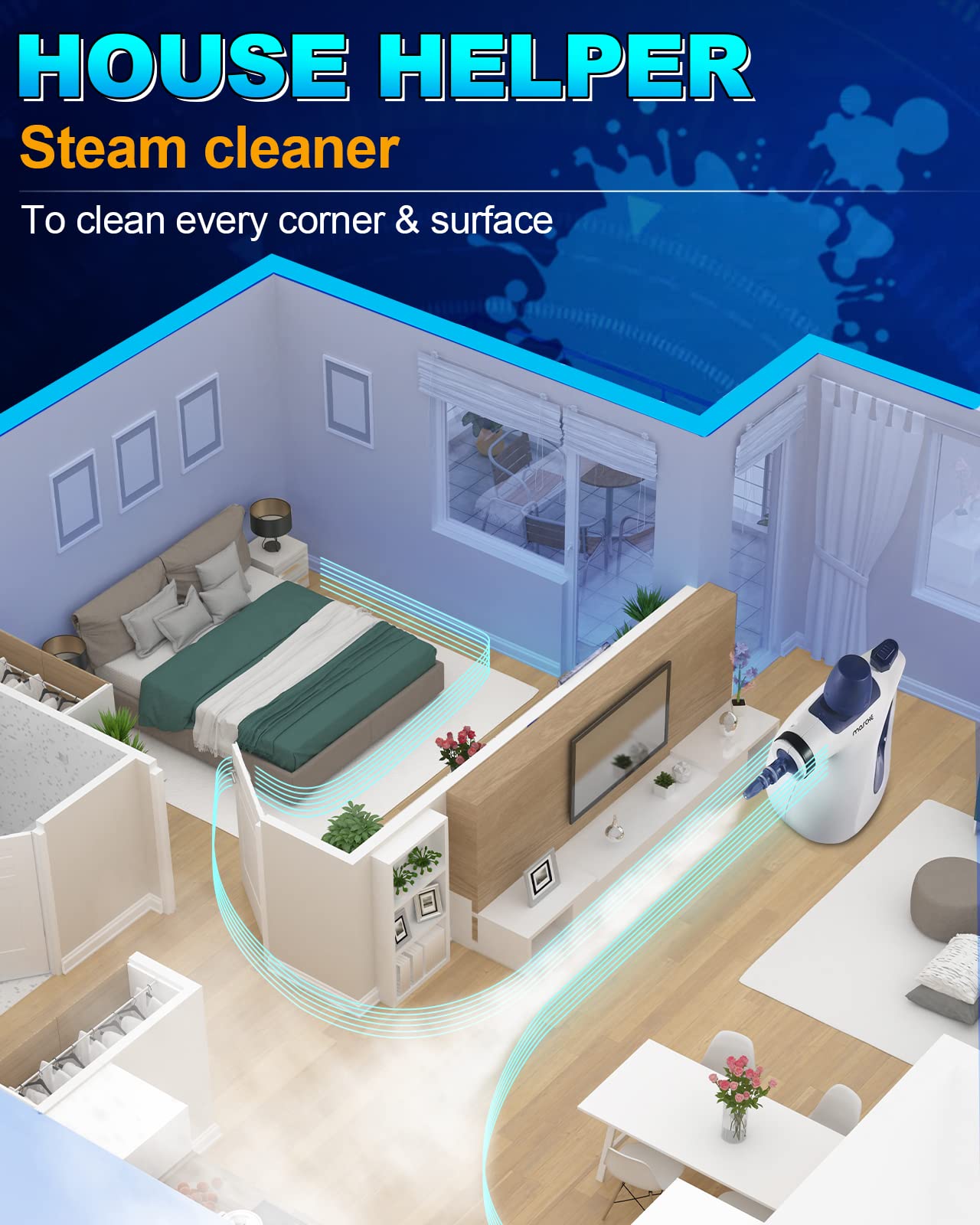 MOSCHE steam cleaner tackling kitchen grease with hot steam power.
