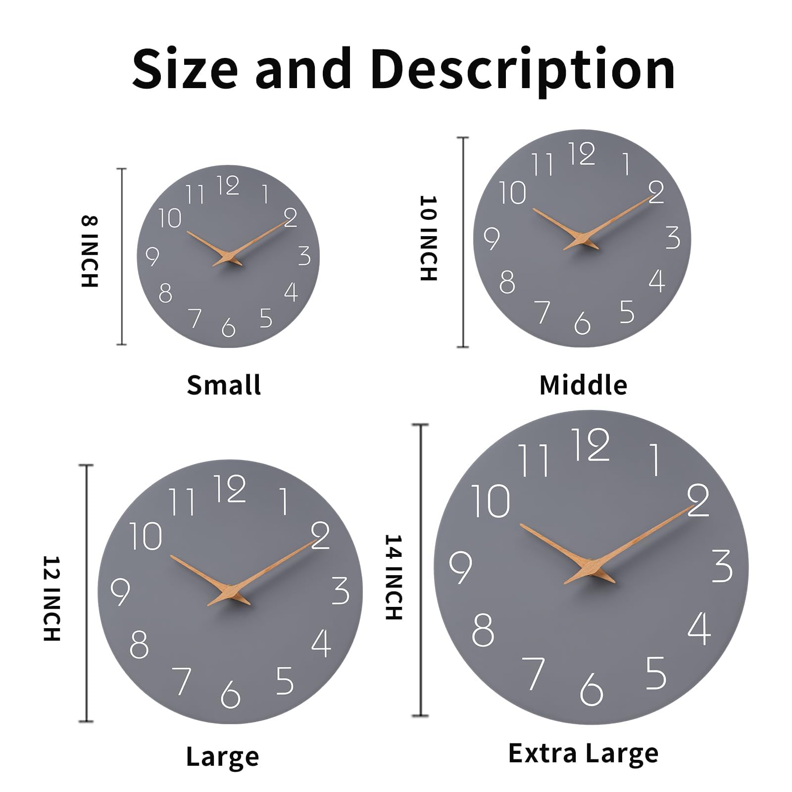 Mosewa gray 12in wall clock dial closeup showing clear numerals