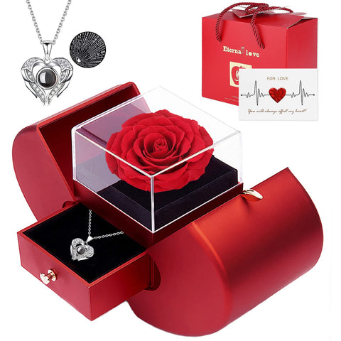 Moshen eternal rose gift box with necklace centerpiece; lasting romance awaits.
