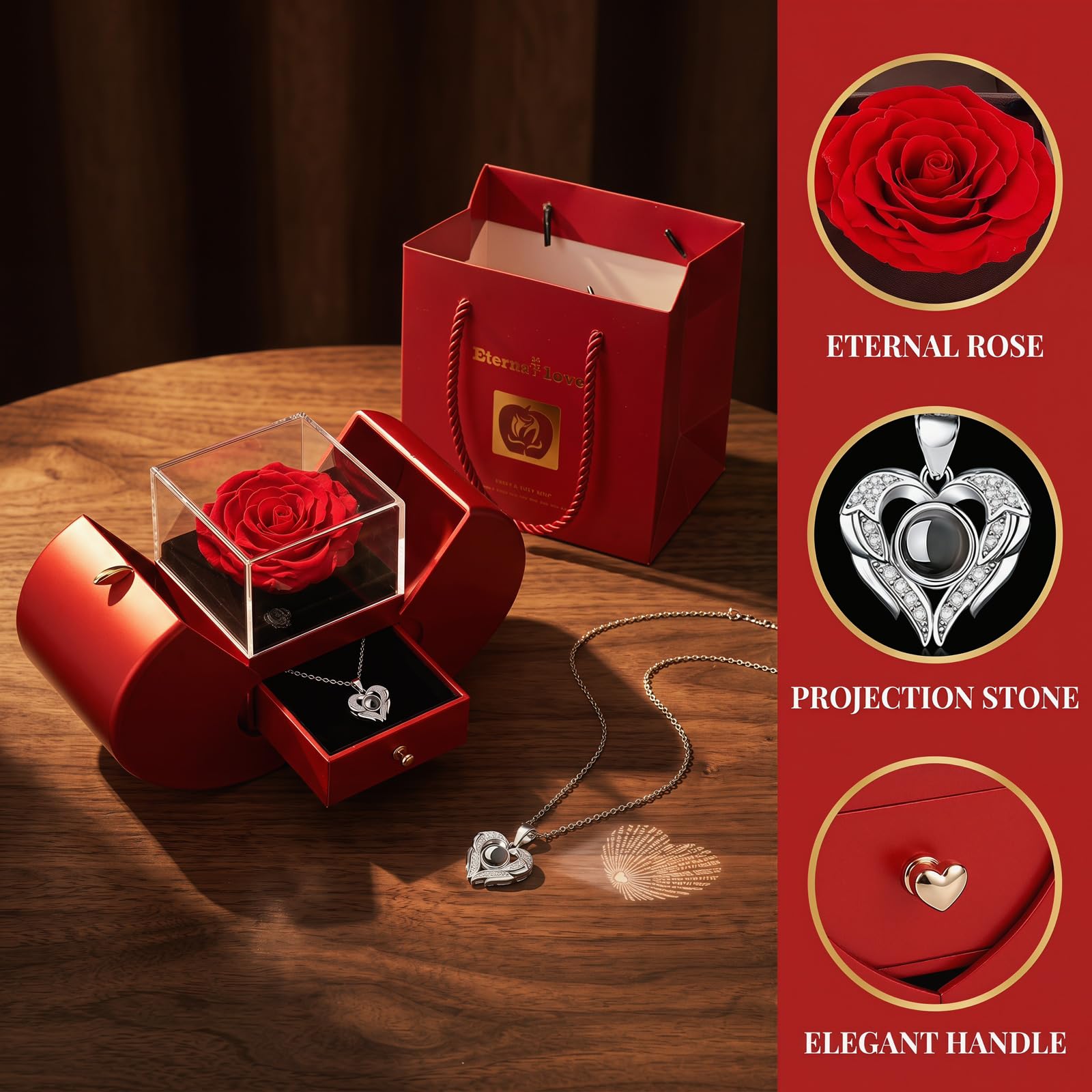 Hidden necklace surprise inside the rose for a memorable reveal.