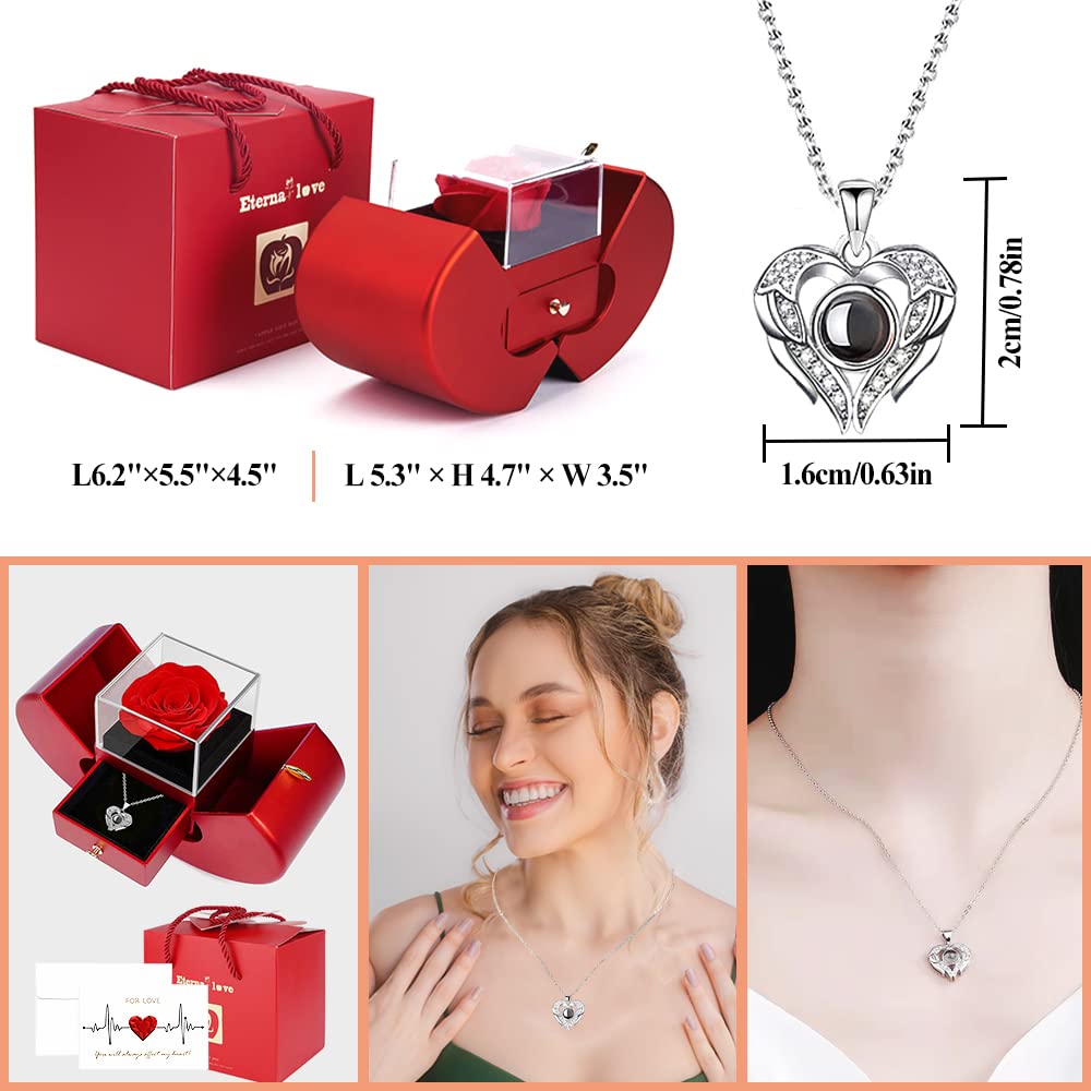 Includes preserved rose, necklace, and blank greeting card for gifting.