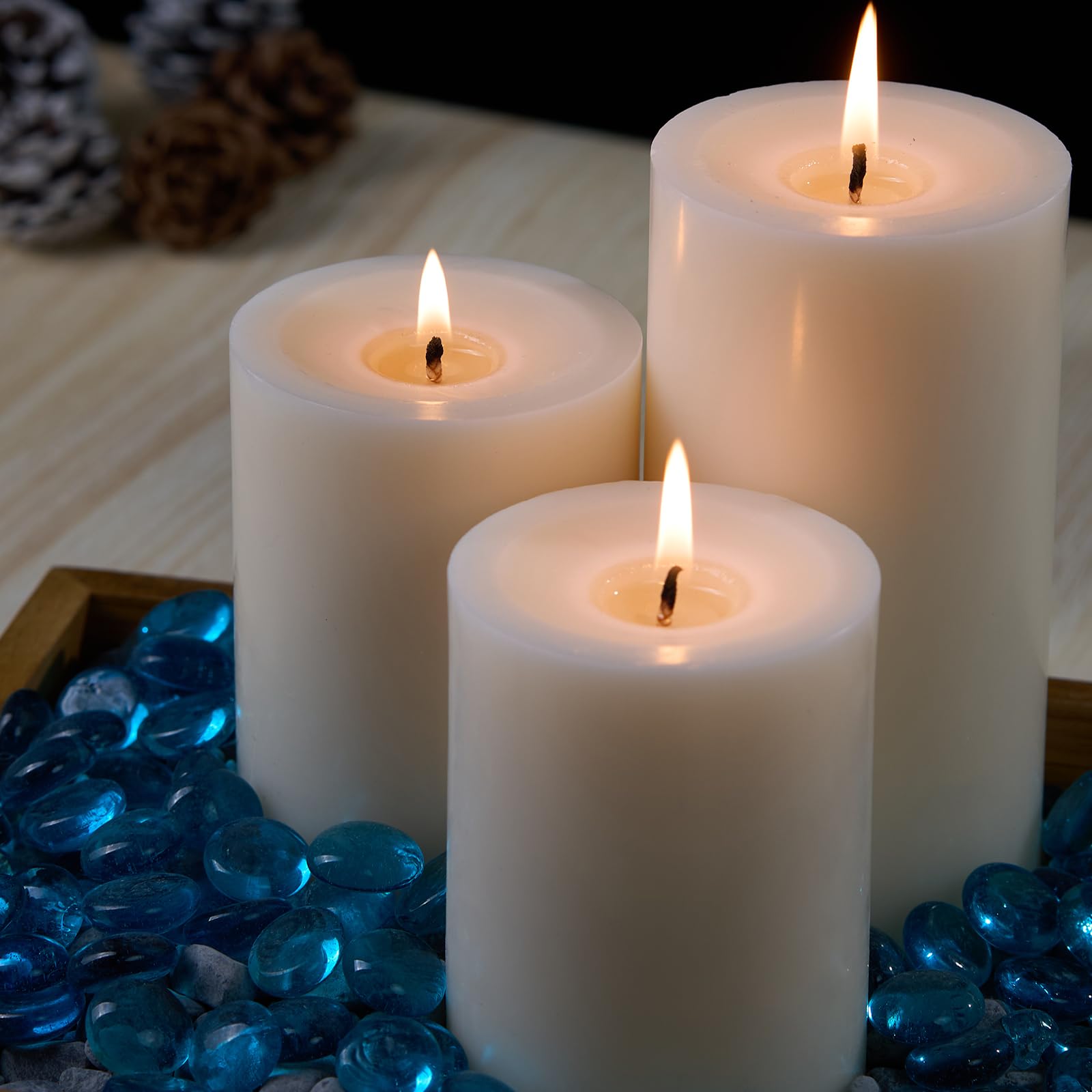Unscented MOSROAD pillar candles with 50-hour burn time.