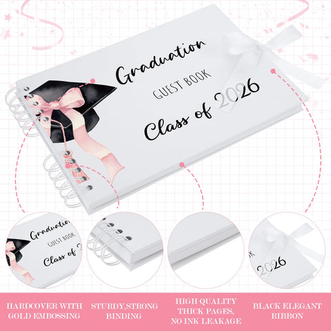 MotiMind graduation guest book pink-white pages with Class of 2026 title for durable keepsakes