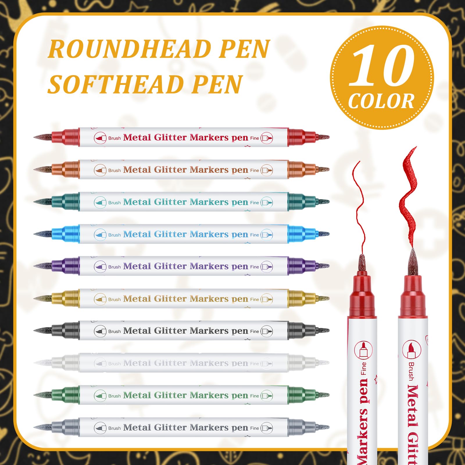 MotiMind 10 metallic dual-tip markers for vibrant writing on dark pages.