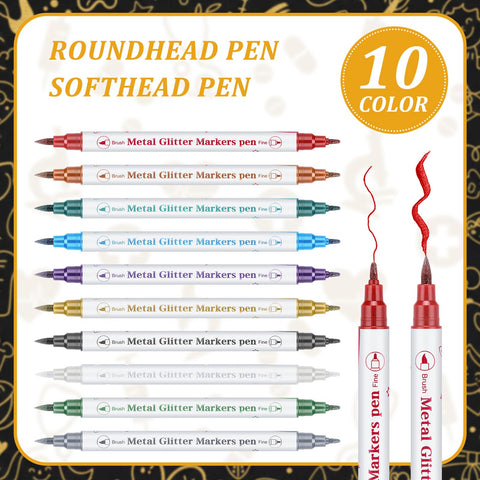 MotiMind 10 metallic dual-tip markers for vibrant writing on dark pages.