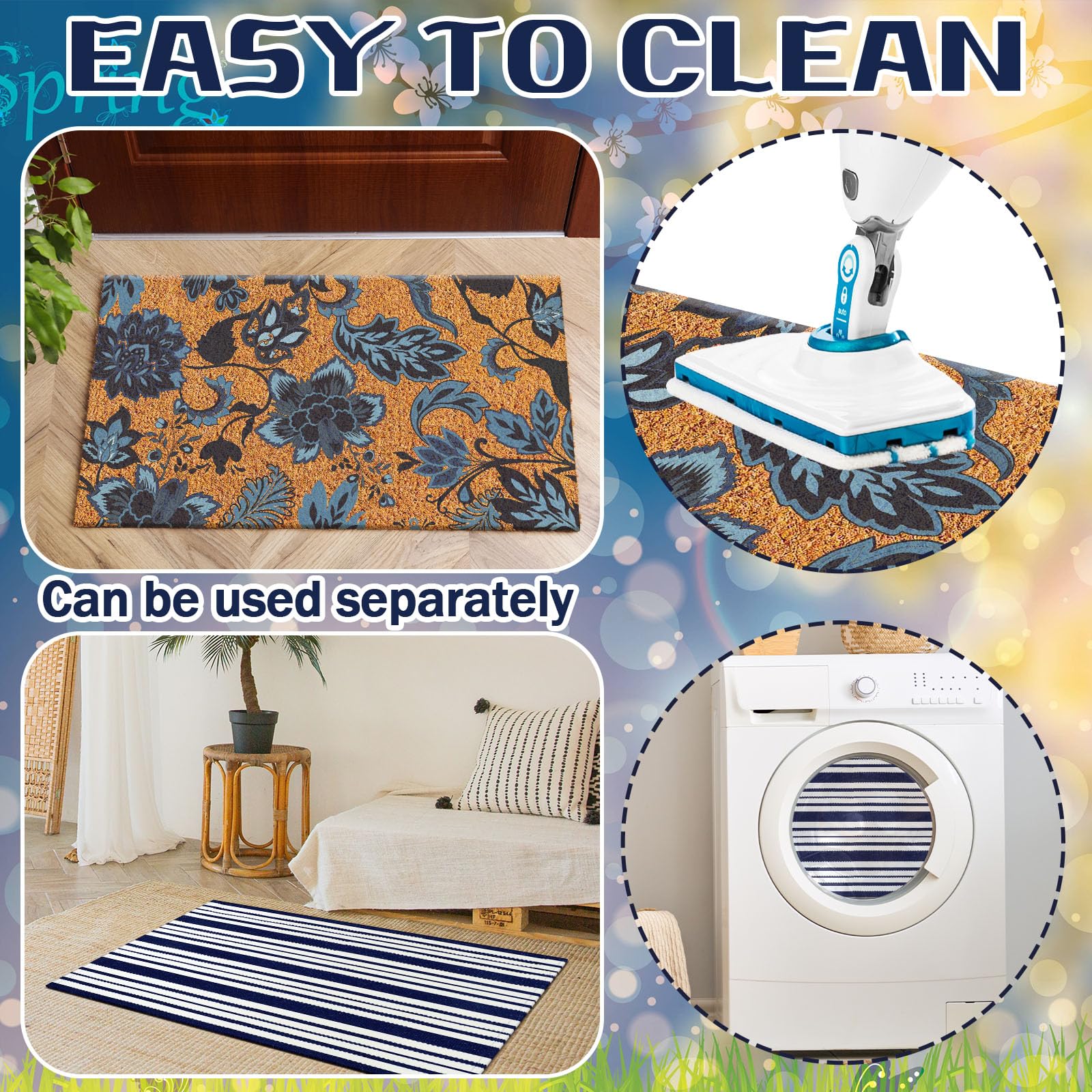 Moucuny navy blue and white checkered rug complements farmhouse interiors