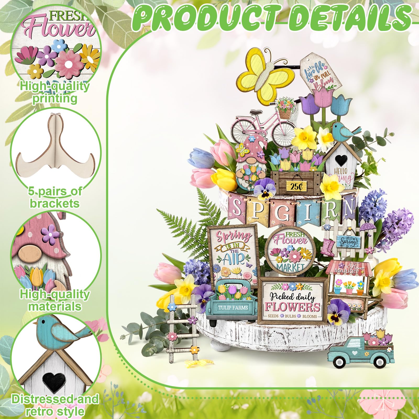 Moucuny spring tray decor signs brighten shelves with seasonal vibe.