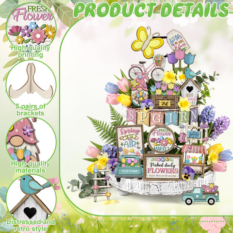 Moucuny spring tray decor signs brighten shelves with seasonal vibe.