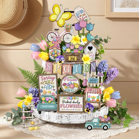 Moucuny spring tray decor truck motif adds rustic charm to centerpieces.