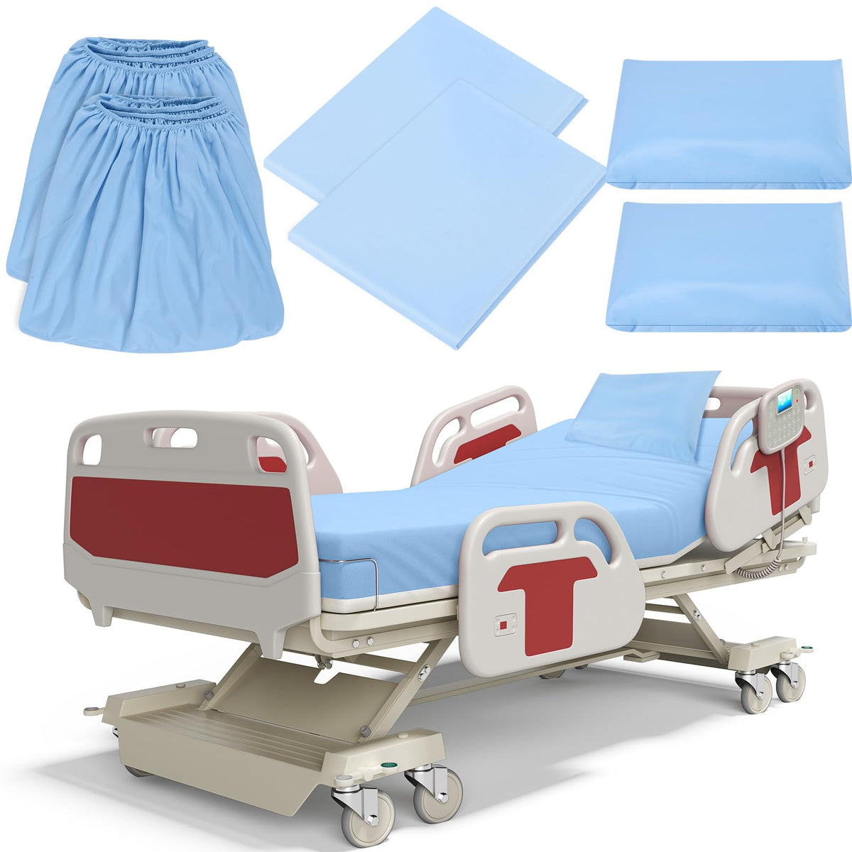 Moukeren 6-pc hospital sheet set in blue packaging, ideal for home use