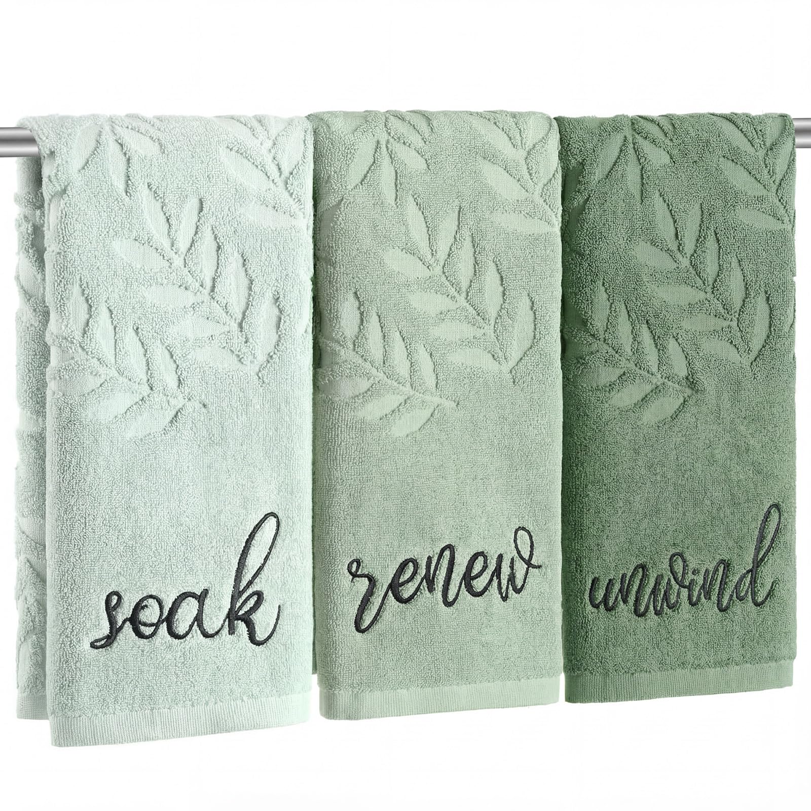 Moukeren 3-pack sage green hand towels with jacquard leaf pattern for absorbent bathroom use.