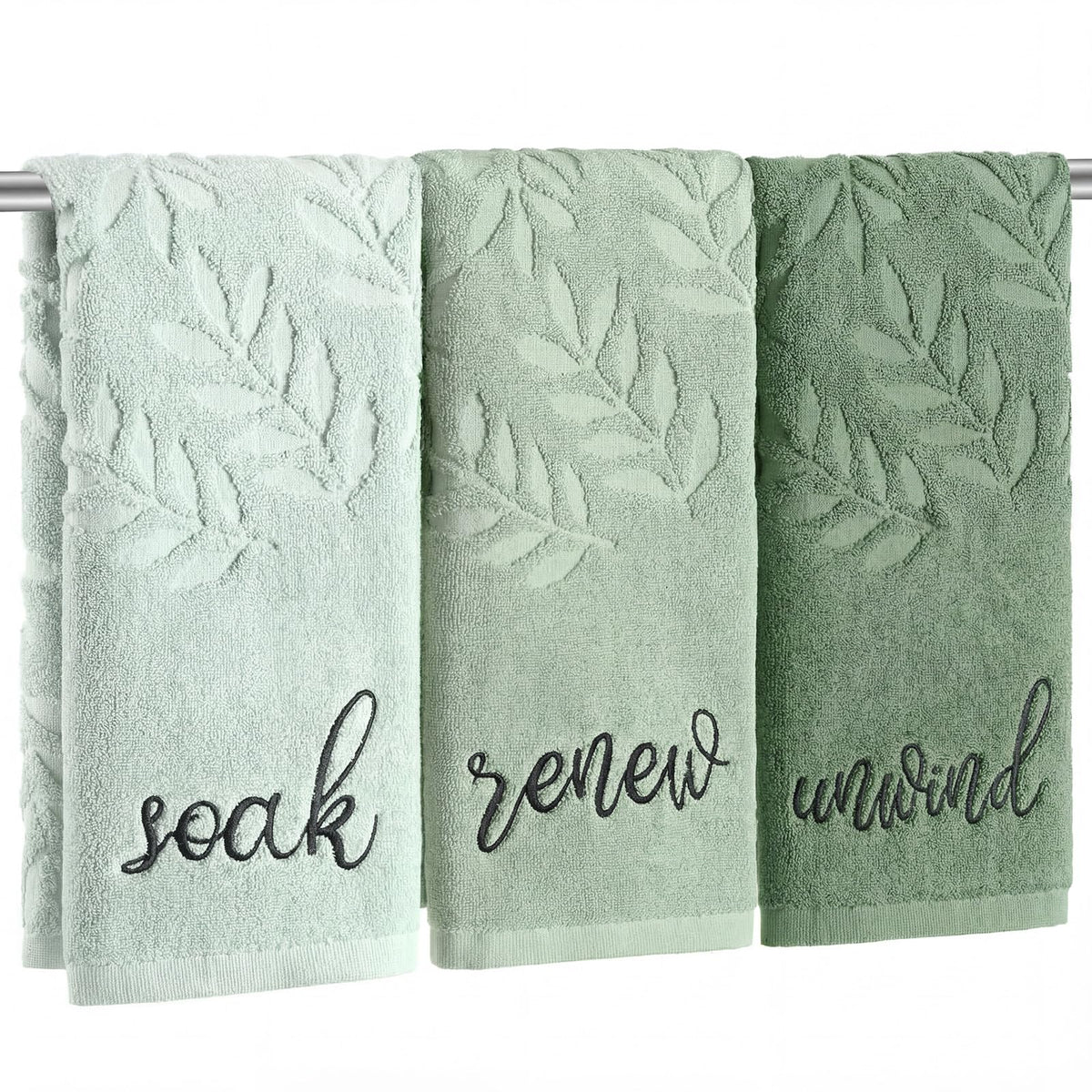 Moukeren 3-pack sage green hand towels with jacquard leaf pattern for absorbent bathroom use.