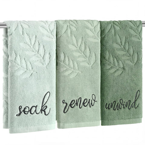 Moukeren 3-pack sage green hand towels with jacquard leaf pattern for absorbent bathroom use.