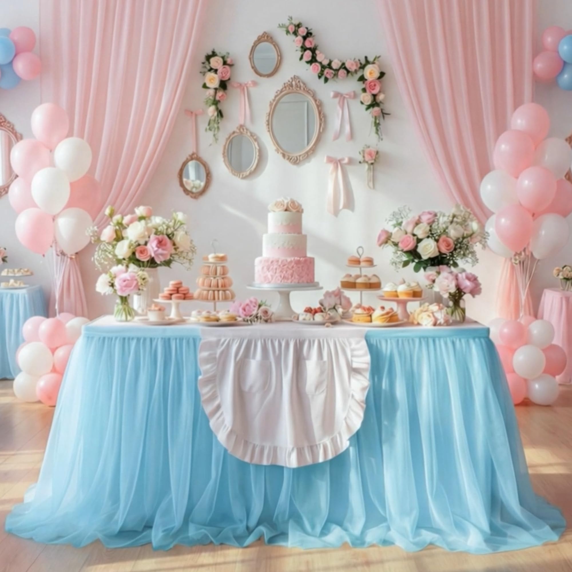 Moukeren white apron detail on the table skirt adds storybook charm