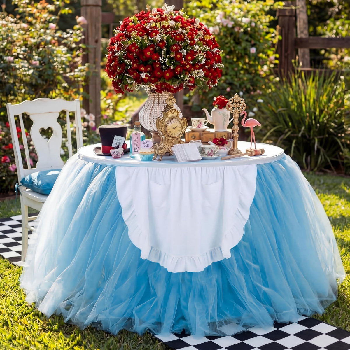Moukeren Wonderland blue tulle table skirt with white apron enhances tea party ambiance