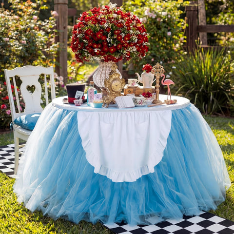 Moukeren Wonderland blue tulle table skirt with white apron enhances tea party ambiance