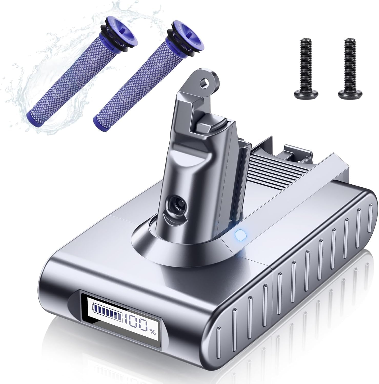Mounzuikue Dyson V6 battery front view showing compact design and 8000mAh capacity