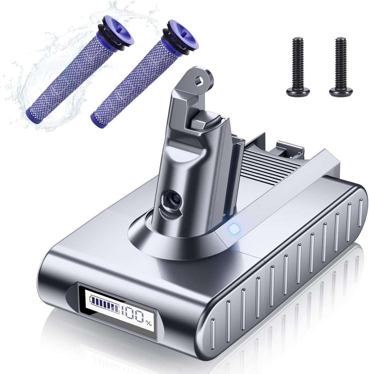 Mounzuikue Dyson V6 battery front view showing compact design and 8000mAh capacity