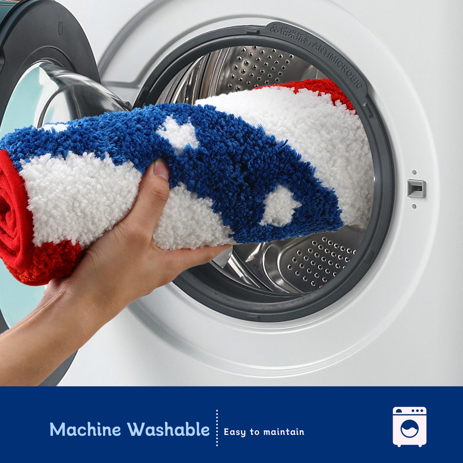 Moutina Fourth of July decor rug brightens any bathroom space.