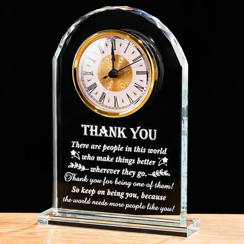 Movdyka crystal clock plaque displayed on a desk, ideal for appreciation gifts