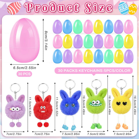 Colorful plush keychains tucked inside eggs for easy egg hunts
