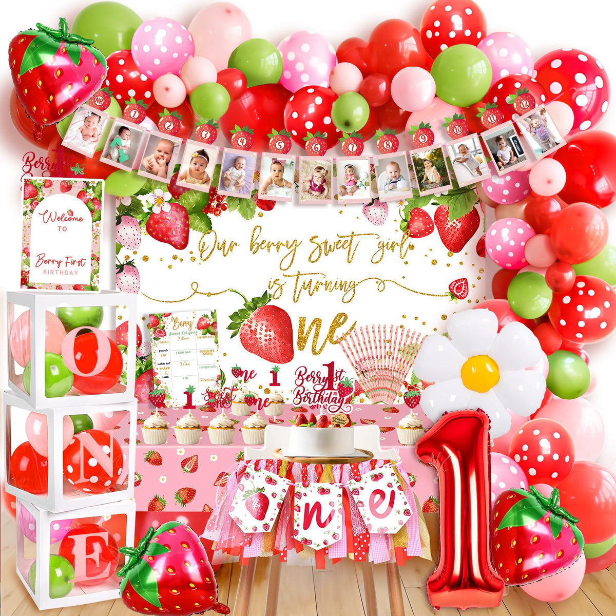 MOVINPE strawberry birthday backdrop ideal for festive first-birthday photos