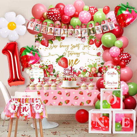 MOVINPE strawberry foil balloons create a shiny focal point for a berry arch