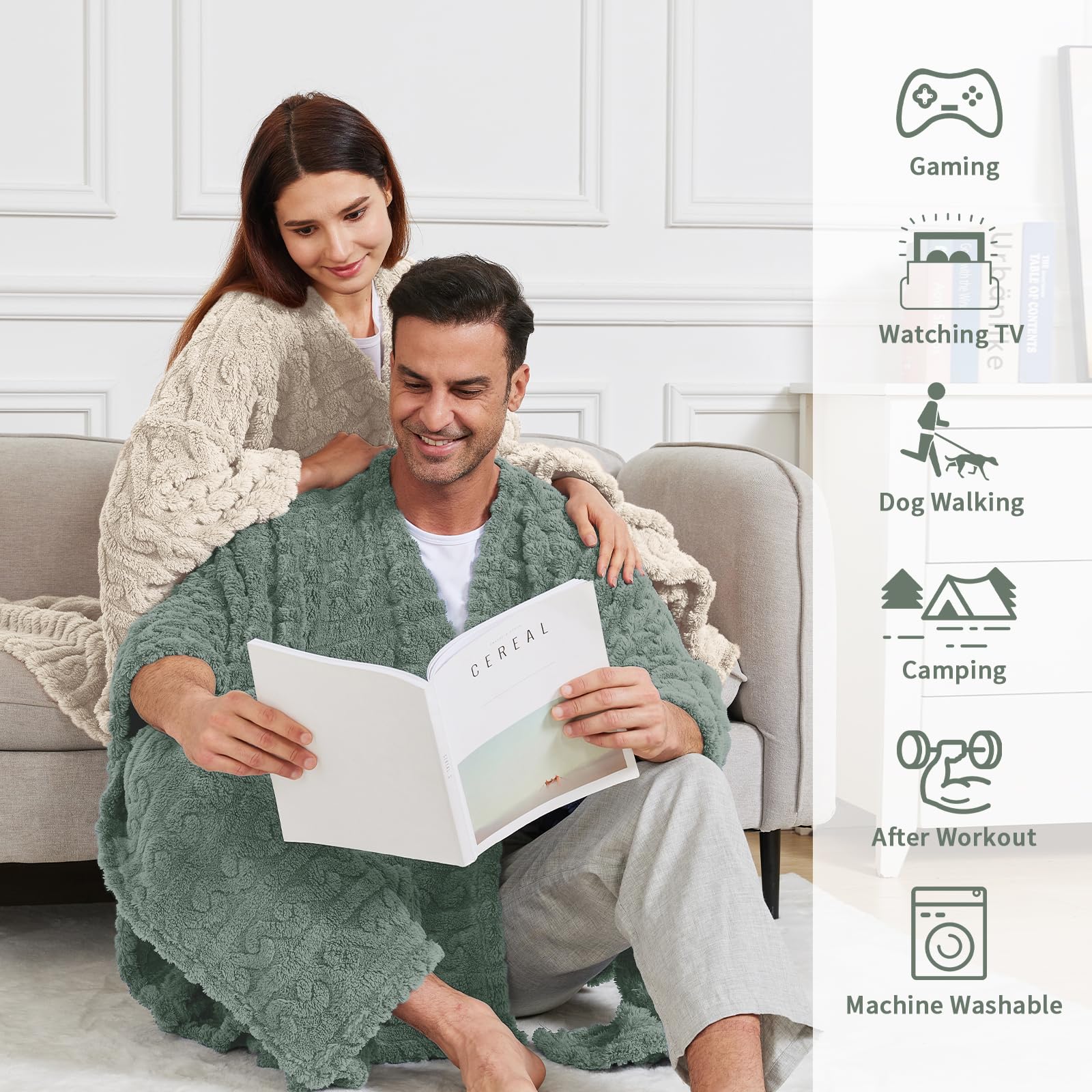 Mowkim cape-style sherpa blanket with pockets sage demonstrates convenient storage.