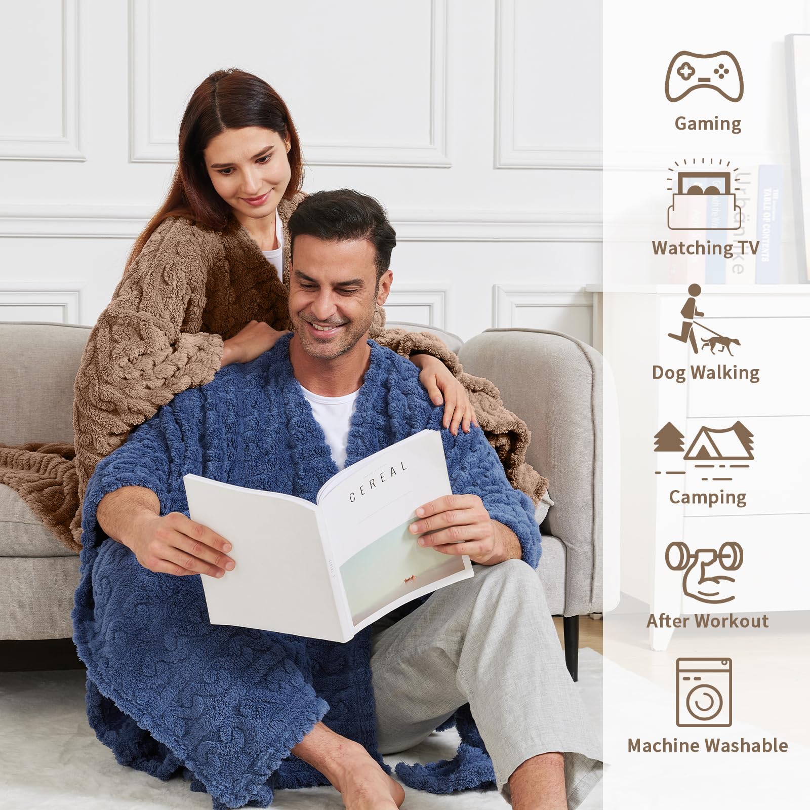 Mowkim cape-style wearable blanket with pockets keeps essentials close.