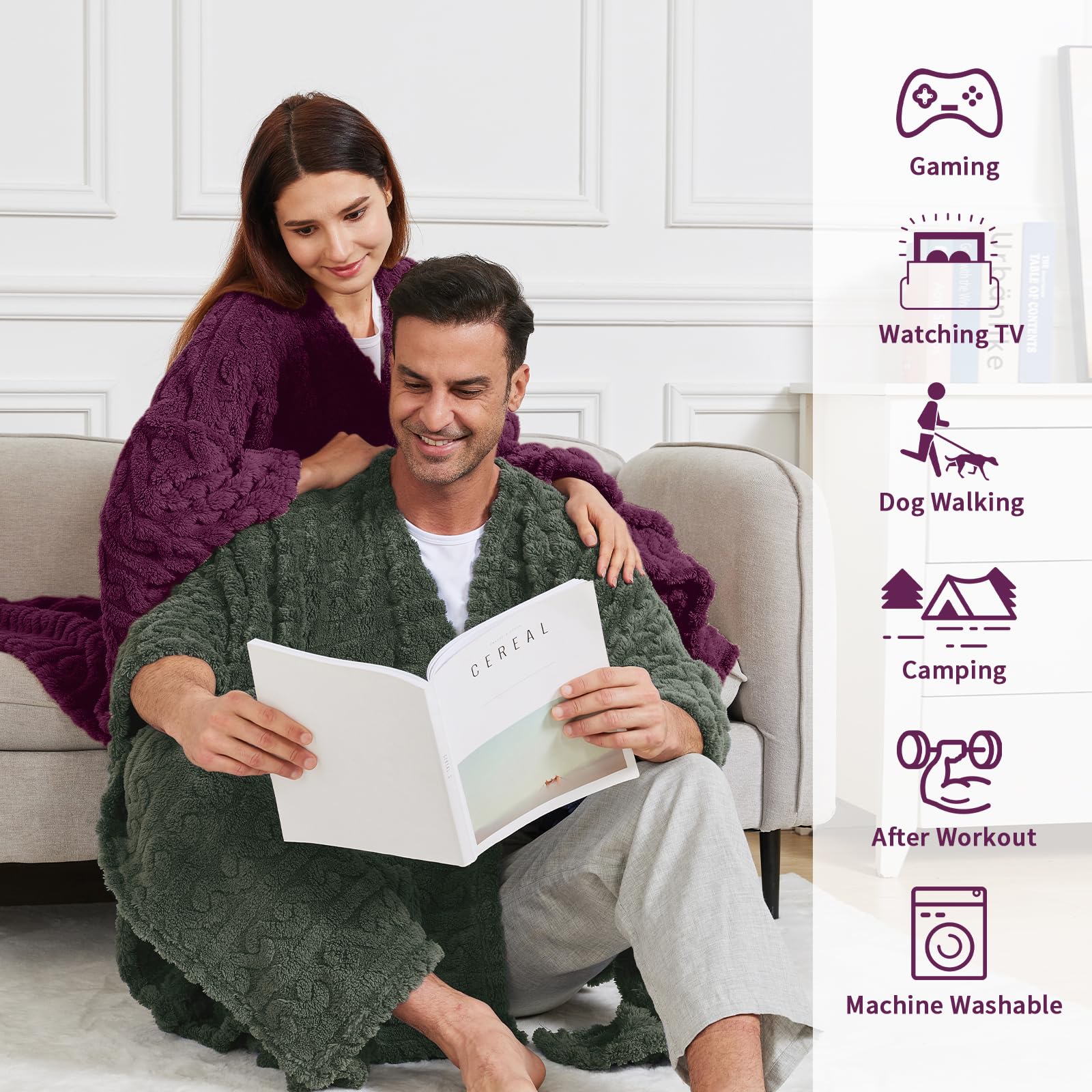 Mowkim cape-style wearable blanket sherpa fleece provides full-body wrap and comfort.