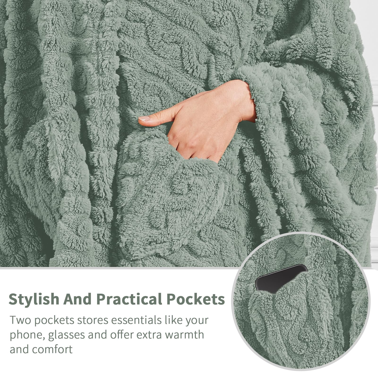 Mowkim wearable blanket close-up shows plush sherpa fleece texture for comfort.