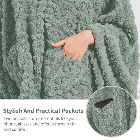 Mowkim wearable blanket close-up shows plush sherpa fleece texture for comfort.