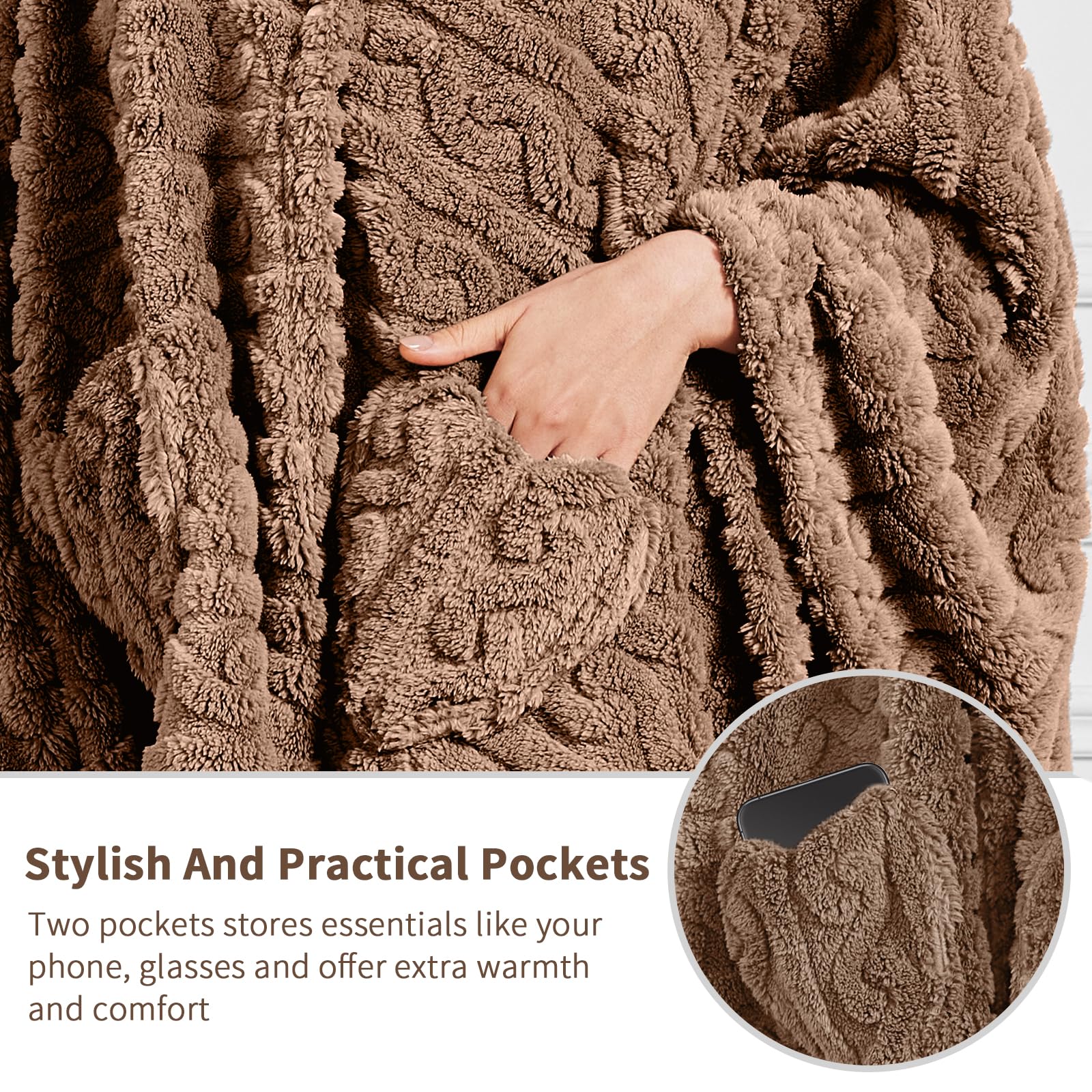 Mowkim sherpa fleece cozy wrap with pockets provides hands-free warmth.