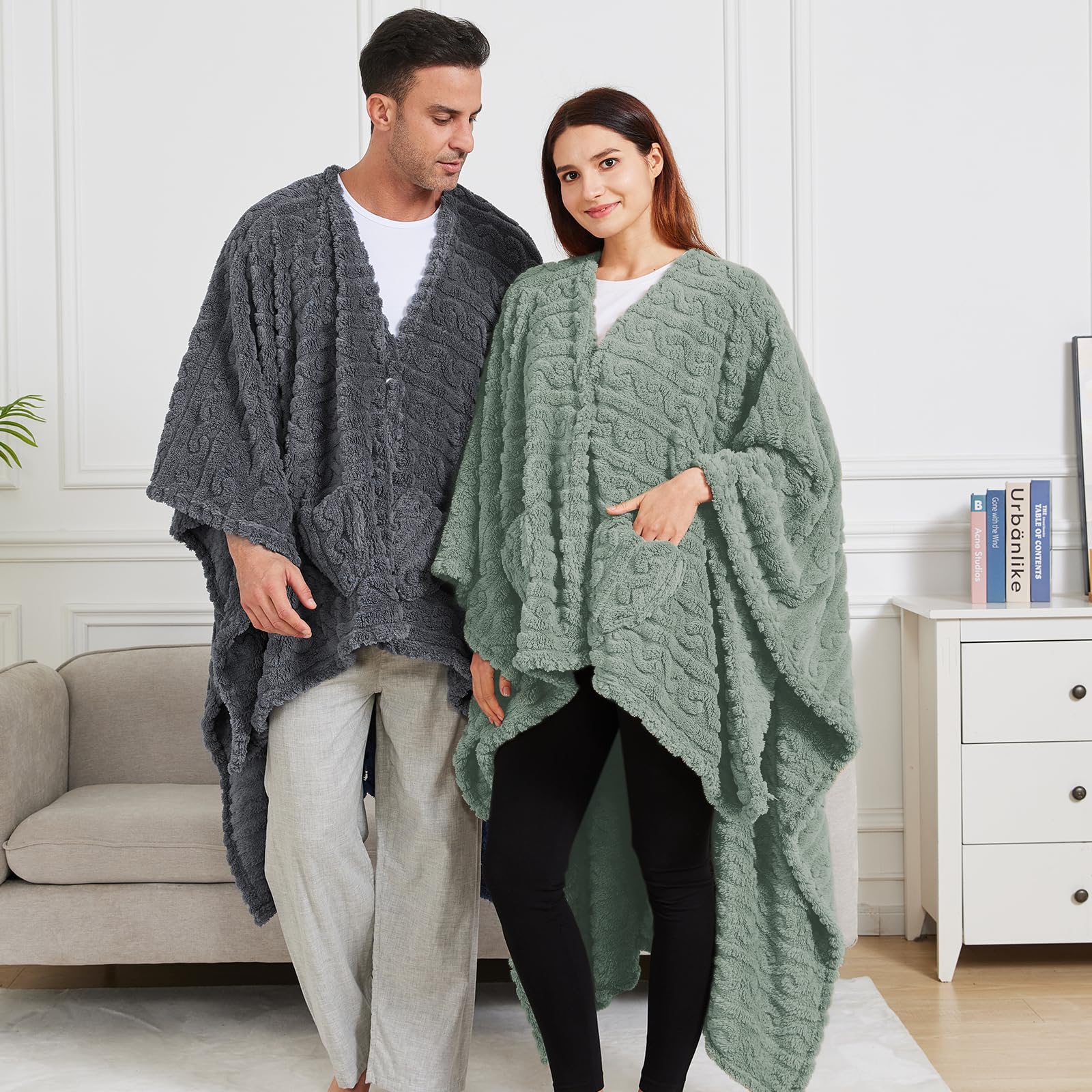 Mowkim wearable blanket on sofa highlights cozy lounging.