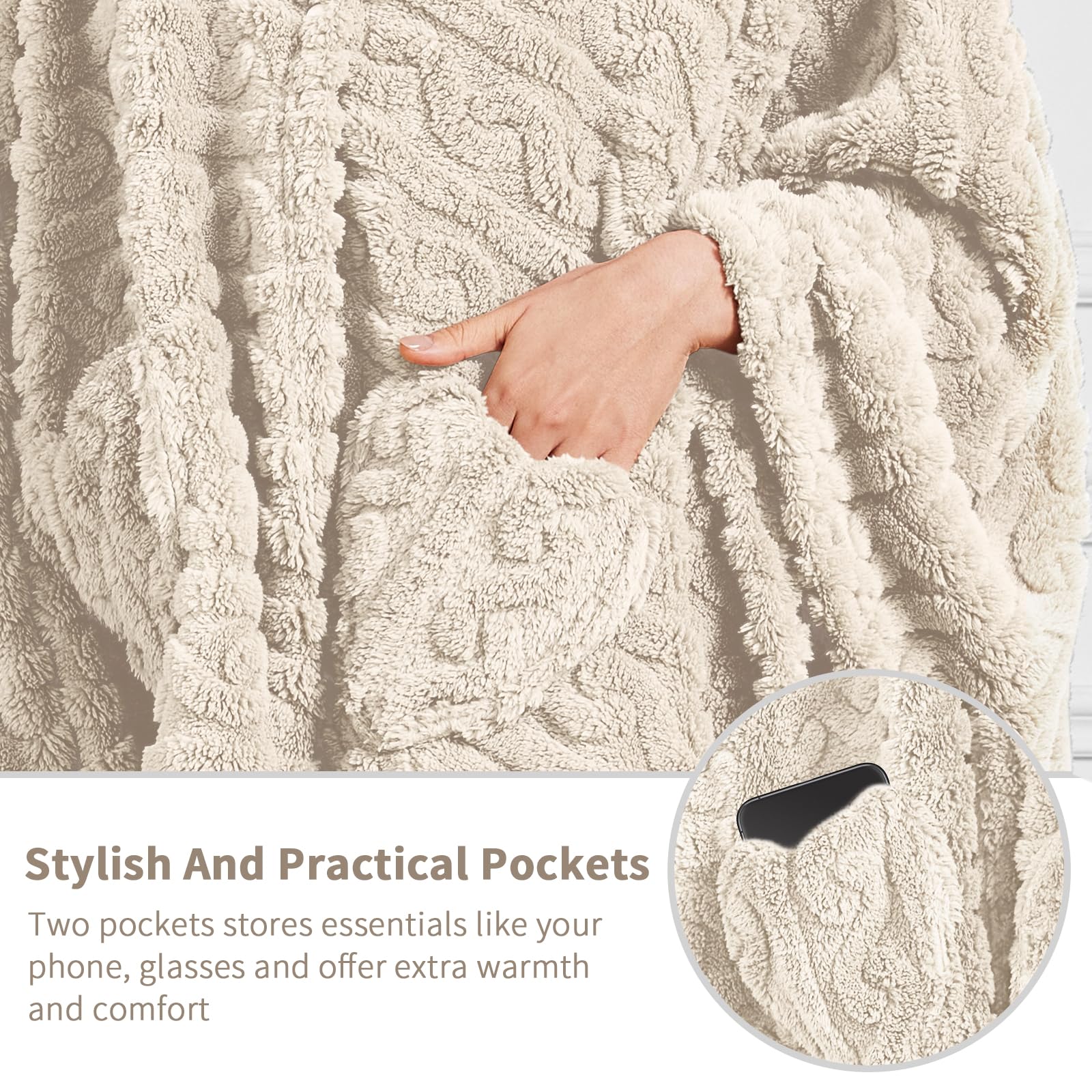 Mowkim wearable blanket cape-style hug on couch during relaxation time.