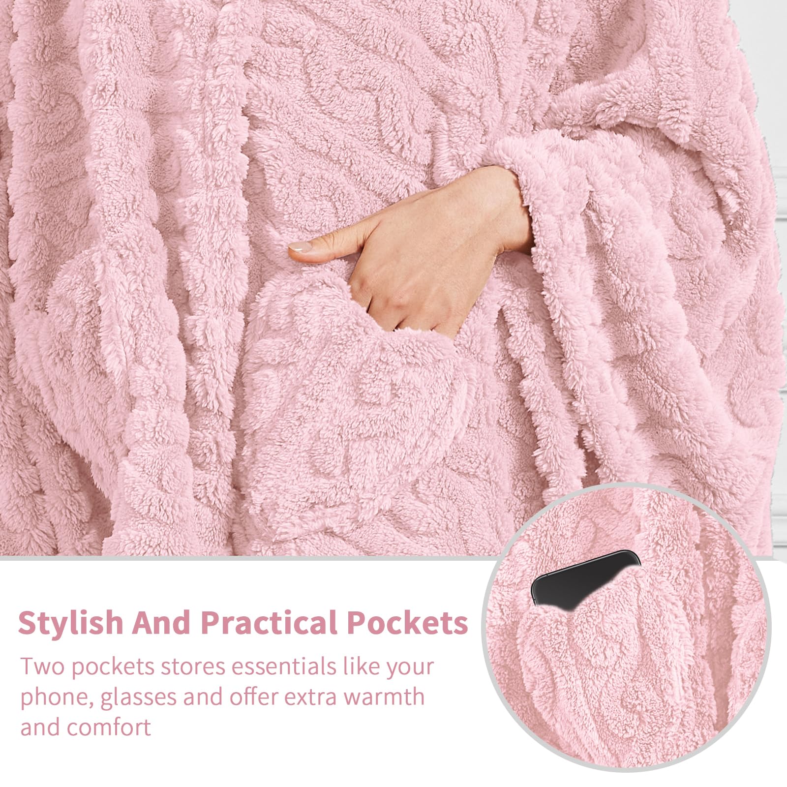 Lifestyle shot of Mowkim wearable blanket on a cozy sofa.