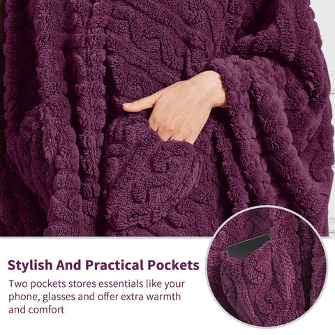 Mowkim wearable blanket pocket design stores phone and glasses securely.
