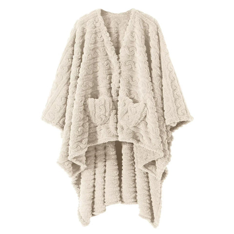 Mowkim wearable blanket sherpa fleece ivory with pockets for warmth and storage.