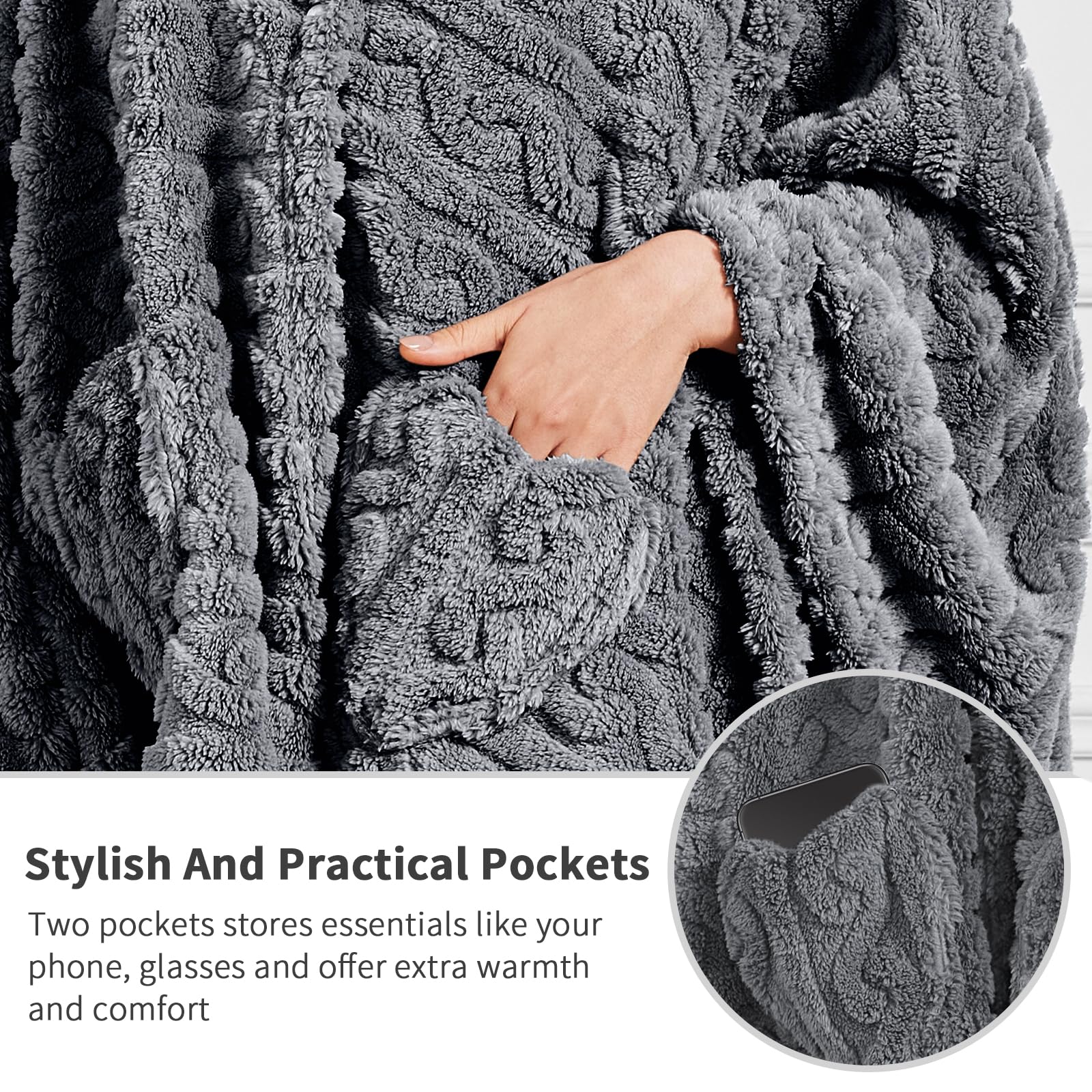Mowkim wearable blanket worn while watching TV for warm comfort.