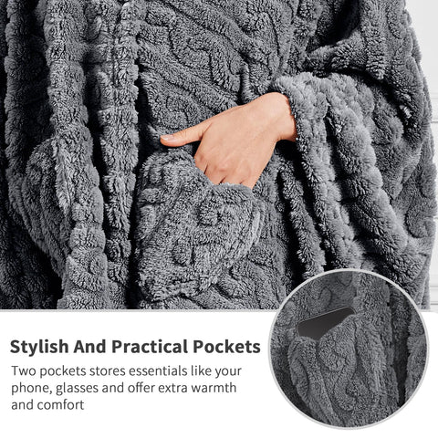 Mowkim wearable blanket worn while watching TV for warm comfort.