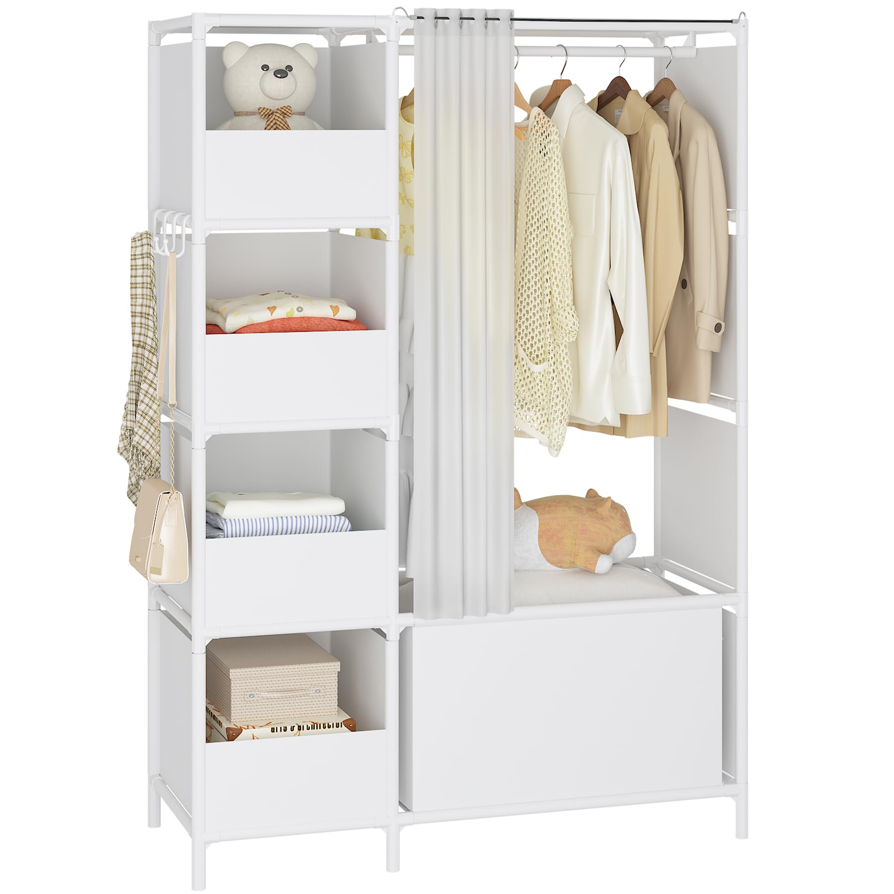MOYIPIN portable closet with hanging rod and curtain keeps clothes organized and accessible.