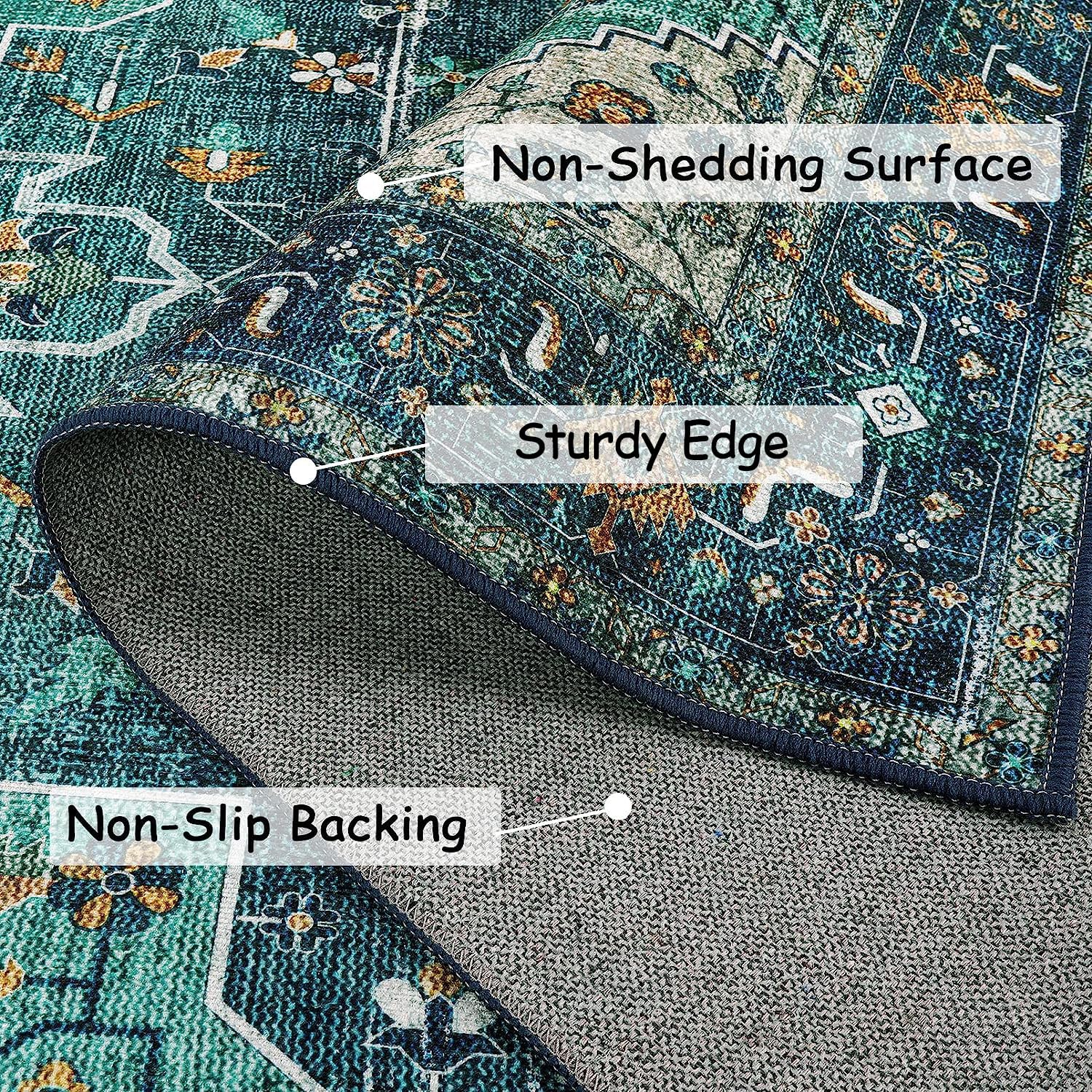 Moynesa Boho Non-Slip Teal Rug keeps space safe and stylish.